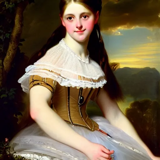 Image similar to portrait of a german teenage princess, circa 1 8 5 0 by franz xaver winterhalter, highly detailed, beautiful, oil on canvas, 1 8 5 0 s, romanticism