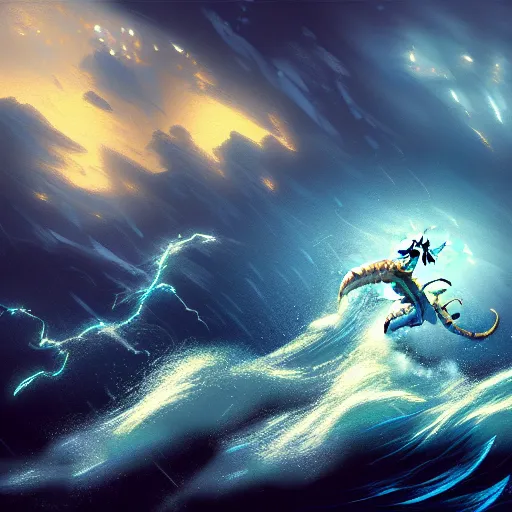 Prompt: in the style of artgerm and Thomas Kinkade, a LARGE SEA DRAGON attacking, rough seas, night, lighting, cinematic lighting