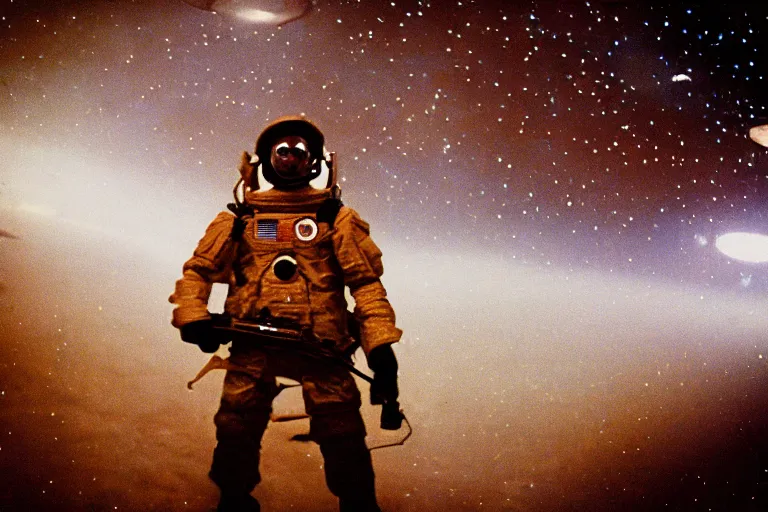 Prompt: a military soldier in outer space, film photography, soft lighting, nostalgia, 8 mm