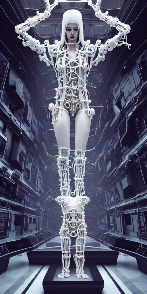 Image similar to dark high detailed space station interior a statue jesus on cross made of white marble, perfect symmetrical body, full body shot, inflateble shapes, wires, tubes, veins, jellyfish, white biomechanical details, wearing epic bionic cyborg implants, masterpiece, intricate, biopunk, vogue, highly detailed, artstation, concept art, cyberpunk, octane render