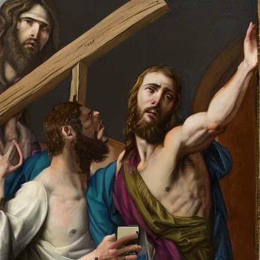 Image similar to judas taking a selfie with jesus who is nailed to the cross, hyper detailed painting