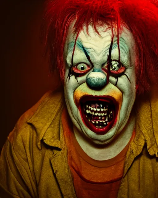 Prompt: portrait of an ugly old possessed clown crying. ugly, creepy, demonic, horror. cinematic lighting. photographic, photography. by justin roiland