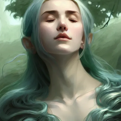 Image similar to knight, lying down on rock, white grey blue green color palette, eyes closed, forest, female, d & d, fantasy, intricate, elegant, highly detailed, long silver hair, digital painting, artstation, octane render, concept art, matte, sharp focus, illustration, hearthstone, art by artgerm, alphonse mucha johannes voss