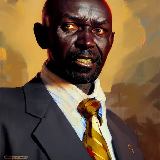 Prompt: Greg Manchess portrait painting of a skinny 50 year old African businessman character, villain, medium shot, athletic, asymmetrical, profile picture, Organic Painting, dramatic light, matte painting, bold shapes, hard edges, street art, trending on artstation, by Huang Guangjian and Gil Elvgren and Sachin Teng