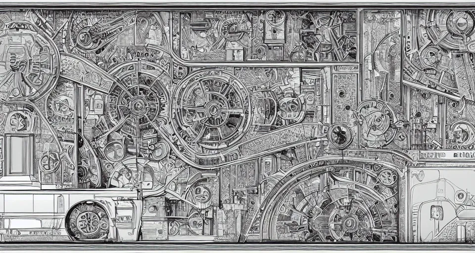 Image similar to extremely technical and detailed blueprint with precise technical details and complex diagrams. engineering diagrams, center frame, intricate details, ultra-detailed, baroque style, illustration, desaturated, concept art