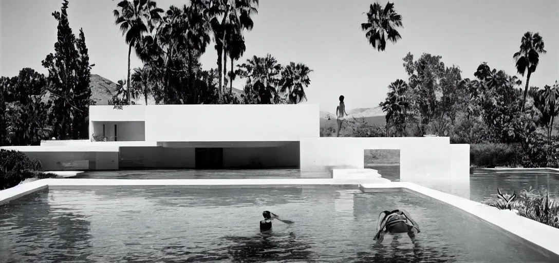 Image similar to ivory - white marble house designed by ictinus in california. photographed in 1 9 7 2. person swimming underwater in pool