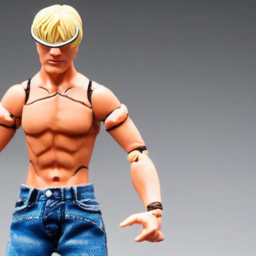 Prompt: action figure of a skinny blonde male wrestler wearing a black vr headset and wearing a t - shirt and jeans, high detail, realistic,