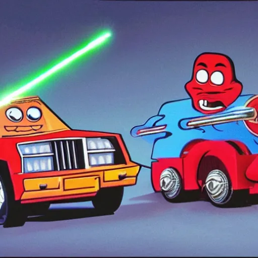 Image similar to anthropomorphic cars and trucks engage in laser gun battles, 8 0 s cartoon