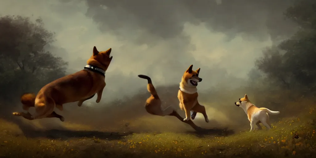 Image similar to a shiba inu fighting a dog on a path in a field, greek mythology, extremely detailed digital painting, in the style of goya and ruan jia and jeremy lipking and peter mohrbacher, mystic colors, edge light, beautiful lighting, 4 k, dazzling scene, ray tracing, octane, trending on artstation