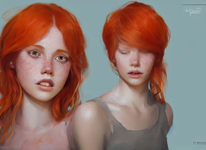 Image similar to portrait of a beautiful smiling girl with orange hair and freckles, green eyes, highly detailed, digital painting, concept art, smooth, sharp, focus, background is purple, artstation, style by Bo Feng Lin