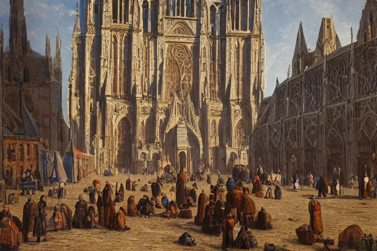 Prompt: people in the exterior of a highly detailed cathedral, portrait faces, in the style of samuel prout and jules breton, highly detailed, elegant, intrincate, colorful, vivid, realist style, hyperdetailed, 4 k resolution, matte painting