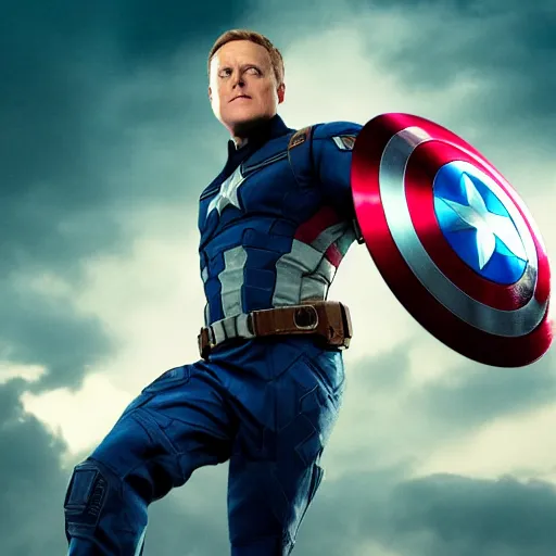 Prompt: if Alan Tudyk was captain America, cinematic, epic, cool, photo realistic, 4k, high detail