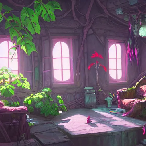 Image similar to concept art painting of a interior of a cozy alien fantasy cottage, with black vines and magenta houseplants, realistic, detailed, cel shaded, dark, in the style of makoto shinkai and greg rutkowski and james gurney