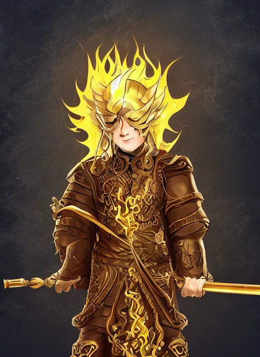 Image similar to An Artstation drawing style of a young man wearing a black scale ninja outfit with golden details, no mask, wavy golden hair and blue eyes. He is holding a golden bo staff. He is in a fiery desert with a blue sky.