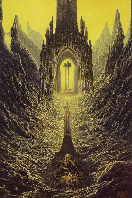 Image similar to Artwork by Don Maitz of the cinematic view of the Cenotaph of Ever-changing Blasphemy.