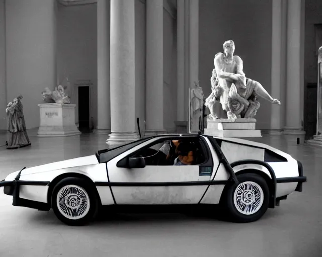 Image similar to marble statue of delorean in louvre, circa 1 9 8 4