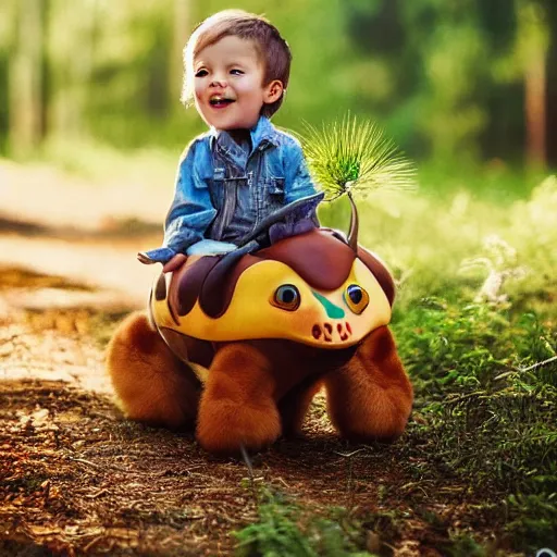 Image similar to young boy riding a cute little dinosaur with long fur, portrait, pixar style, forest background, cinematic lighting, award winning creature portrait photography