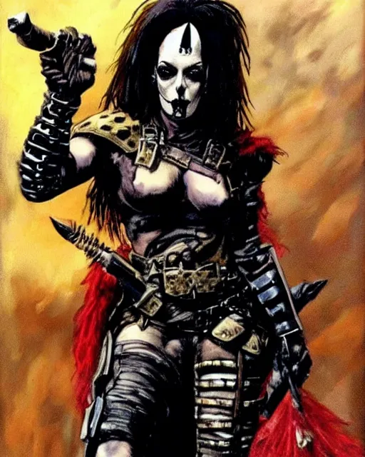 Image similar to portrait of kamala harris as a skinny punk goth soldier wearing armor by simon bisley, john blance, frank frazetta, fantasy, barbarian