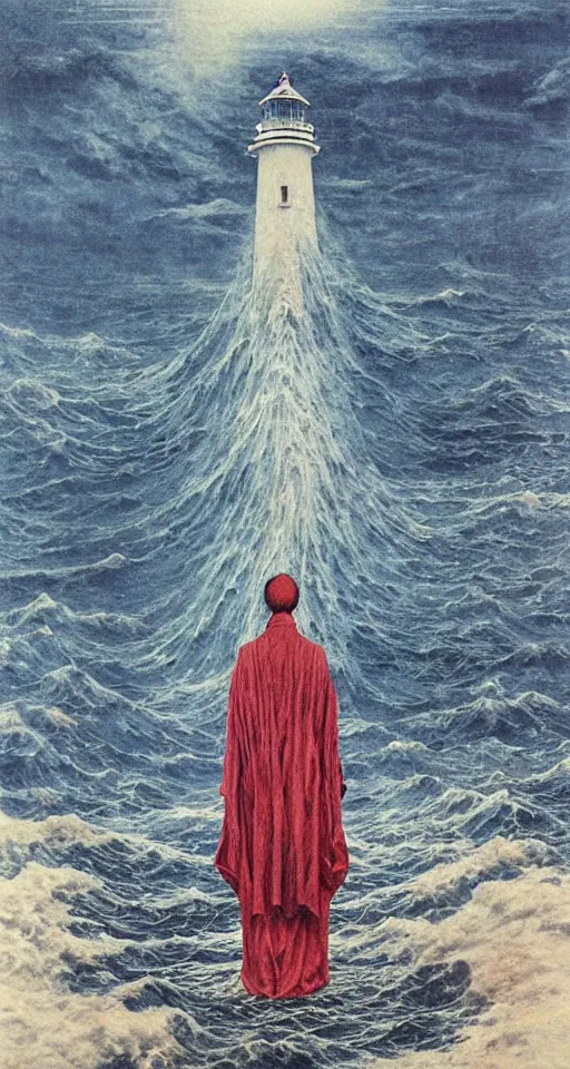 Image similar to worshippers in robes belonging to the cult of the lighthouse standing in waves, a lighthouse, high detailed Beksinski painting, part by Adrian Ghenie and Gerhard Richter. art by Takato Yamamoto. masterpiece, deep colours, blue