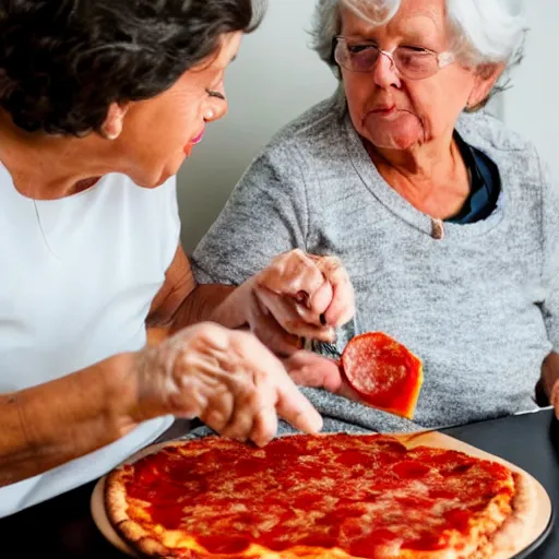 Image similar to grandmas smashing their faces together with pepperoni pizza