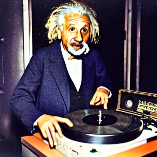 Image similar to color photograph of Albert Einstein DJing a record player at a nightclub, color photograph
