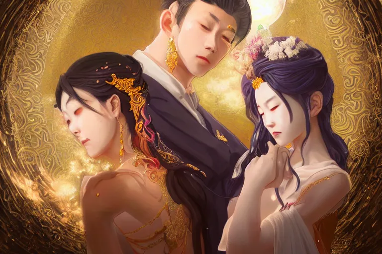 Image similar to a dreamlike portrait of wedding photograph close up moment of a divine a taiwan sun god and moon goddess lovers magician at a wedding banquet. portraiture. digital painting. artstation. concept art. fantasy wedding photo. digital painting, 8 k realistic, hyper detailed, by makoto shinkai and akihiko yoshida and hidari and wlop