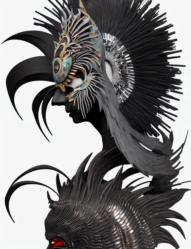 Image similar to 3 d goddess close - up profile simple portrait punk with mohawk with ram skull. beautiful intricately detailed japanese crow kitsune mask and clasical japanese kimono. betta fish, jellyfish phoenix, bio luminescent, plasma, ice, water, wind, creature, artwork by tooth wu and wlop and beeple and greg rutkowski