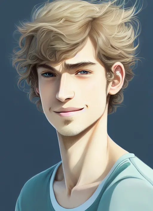 Image similar to young man with medium - length, curly, golden hair, perfectly proportioned face, aquamarine eyes, thin eyebrows, sweet smile, natural lighting, path traced, highly detailed, high quality, cartoon, digital painting, by new haicheng and studio ghibli