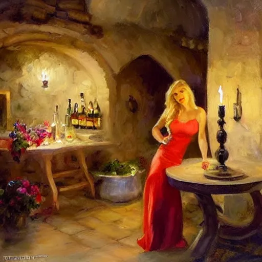 Image similar to wine cellar full of food, torches on the wall, schnapps, romantic, inviting, cozy, blonde woman, painting Vladimir Volegov