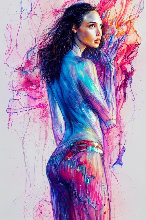 Image similar to gal gadot by agnes cecile enki bilal moebius, intricated details, 3 / 4 back view, full body portrait, extremely luminous bright design, pastel colours, drips, autumn lights