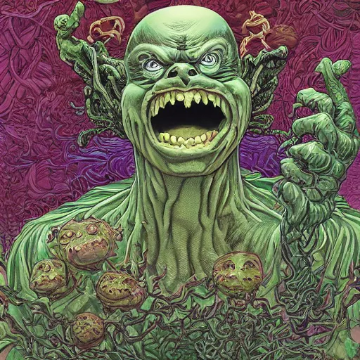 Image similar to portrait of crazy slimer, symmetrical, by yoichi hatakenaka, masamune shirow, josan gonzales and dan mumford, ayami kojima, takato yamamoto, barclay shaw, karol bak, chuck close