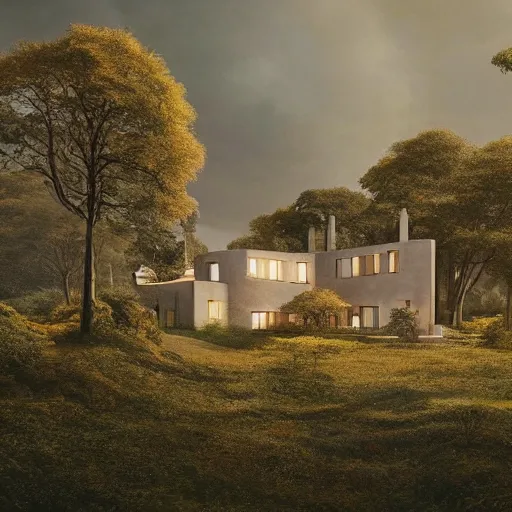 Image similar to beige house with collumns around a garden, on a hill surrounded by big trees, dramatic lighting, artstation, matte painting, raphael lacoste, simon stalenhag, frank lloyd wright, drone view