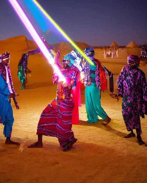 Image similar to Sahel Tuareg musicians dance party opens a fourth dimensional geometric laser neon portal to the north pole, aurora borealis emanates with opalescent light, surrealism, neo-romanticism, rule of thirds