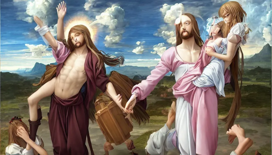 Image similar to jesus christ our lord being carried by cute lightly dressed anime girls, photorealistic, anime, mini skirt, long hair, renaissance painting, hyper real, detailed, wide angle shot, ultra detailed