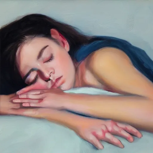 Prompt: full - bodied portait of sleeping girl, oil painting, high qulity realistic, hd, 8 k, art by evan wilson
