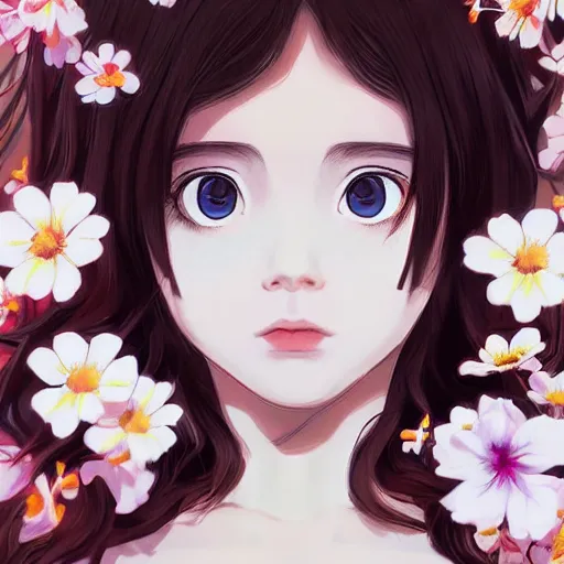 Prompt: little brunette girl with flowers in hair wearing an white dress. art by ilya kuvshinov, profile picture, inspired in hirohiko araki, realistic, highly detailed, 8 0 s anime art style, vogue cover