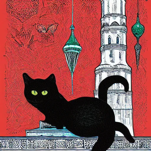 Image similar to dimitri the black cat in kremlin red square “ aaron horkey ” silkscreen poster