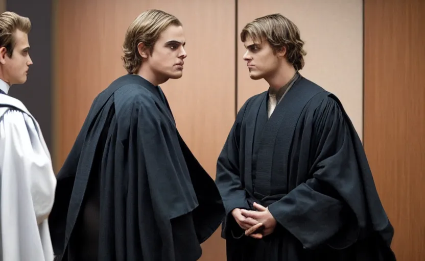 Prompt: anakin skywalker played by hayden christensen in jedi robes talking to saul goodman in a suit in court, us court, better call saul scene 1 0 8 0 p, court session images, realistic faces