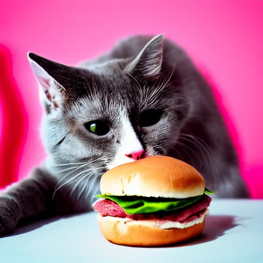 Prompt: photo of a pink cat, biting a hamburger, munching on a hamburger, eating a hamburger, pink cat