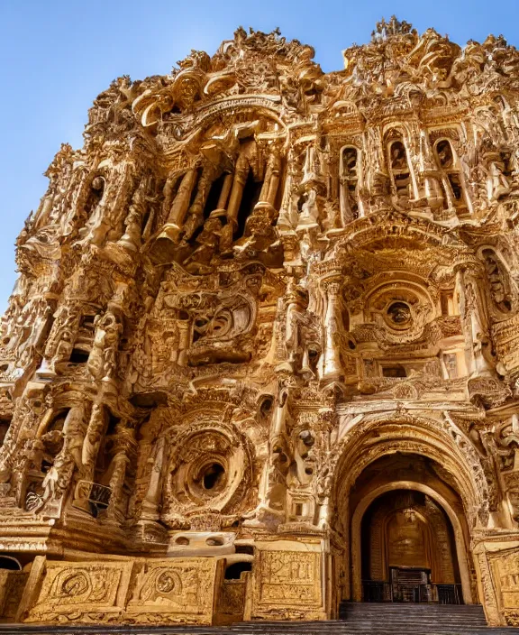 Prompt: photo of a massive sculpture made of gold in cordillera de los andes, with beautiful great arches and detail, architecture carved for a titan