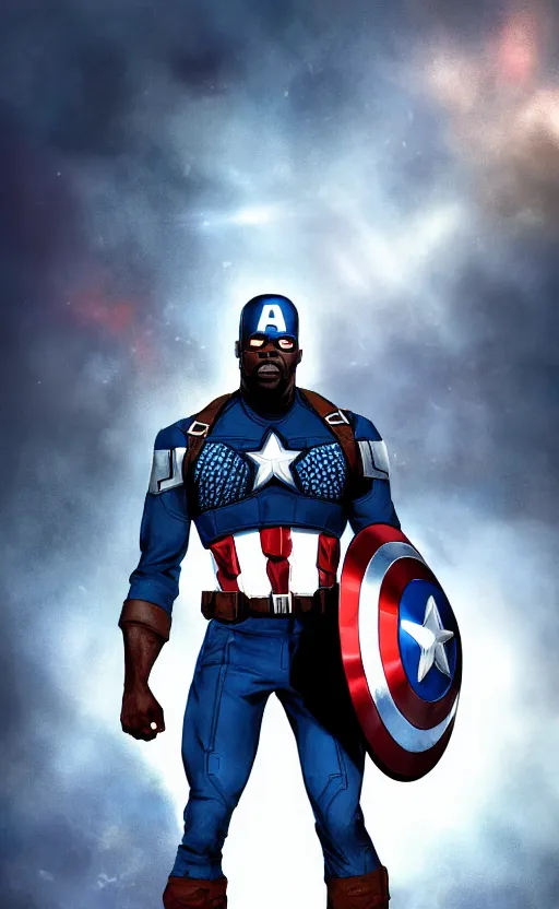 Image similar to kevin hart as captain america, dynamic lighting, photorealistic fantasy concept art, trending on art station, stunning visuals, creative, cinematic, ultra detailed