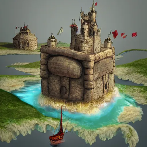 Prompt: flying castle atop a floating island, realistic