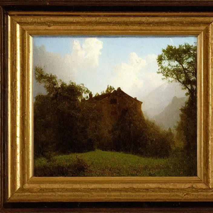 Image similar to a building in a landscape, by albert bierstadt