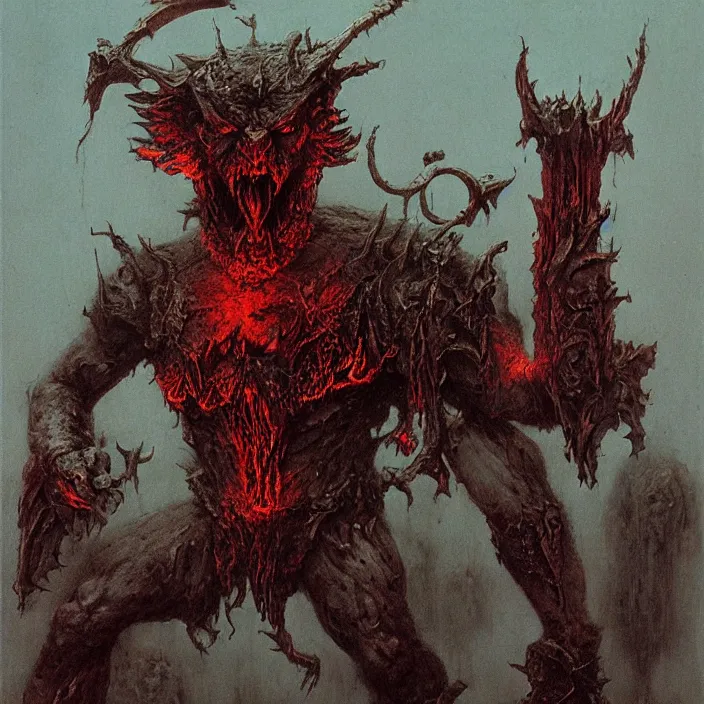 Image similar to demonic berserker in hellish armor, muscular body, demon, balrog, beksinski