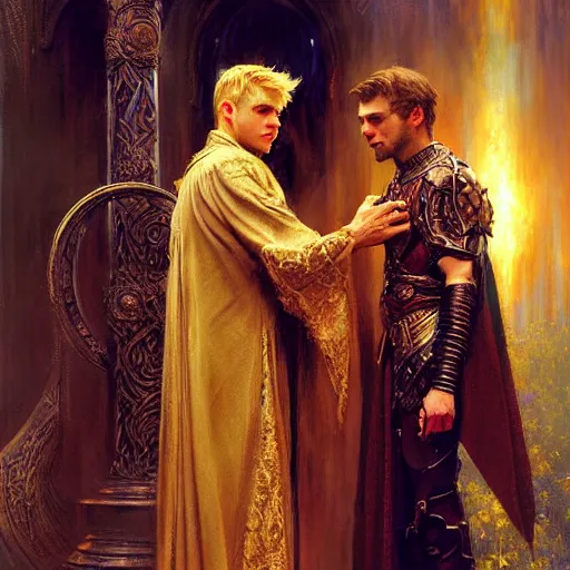 Image similar to stunning arthur pendragon in love with stunning male merlin the mage. they are close to each other. highly detailed painting by gaston bussiere, craig mullins, j. c. leyendecker