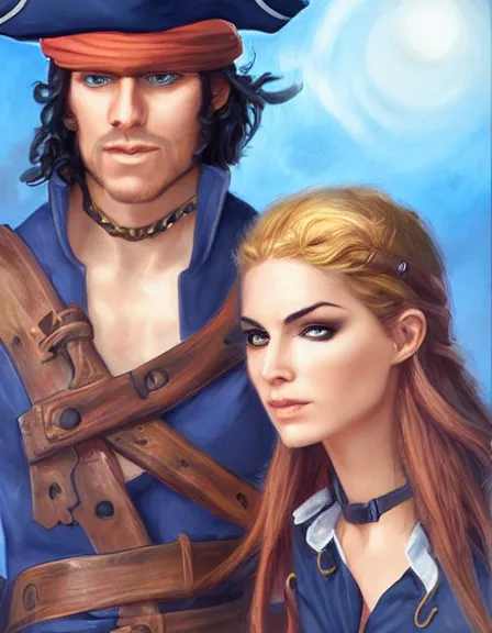 Image similar to couple. fully clothed armed female pirate captain with a male pirate partner, sun, summer, blue eyes, beauty, wisdom, love, strength, knowledge, smart, portrait, symmetrical, highly detailed, digital painting, artstation, smooth, sharp focus, illustration, strength, art by artgerm and louis theophile hingre. 8 k