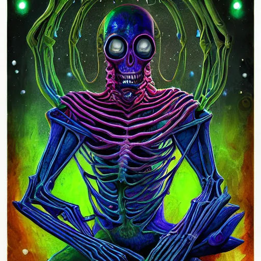 Prompt: a psychedelic portrait of omin dran, skeletal, mind flayer, psion, vibrant color scheme, highly detailed, in the style of romanticism