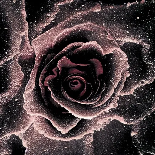 Image similar to award - winning macro of a beautiful black rose made of molten magma and nebulae on black background by harold davis, georgia o'keeffe and harold feinstein, highly detailed, hyper - realistic, inner glow, petals made of star clusters, trending on deviantart, artstation and flickr, nasa space photography, national geographic