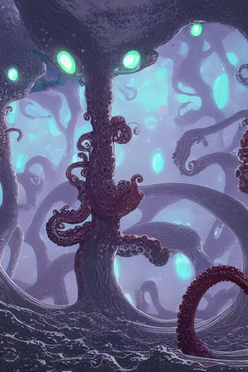 Image similar to concept art painting of an alien world with tentacle trees, artgerm, moebius, inio asano, toon shading, cel shading, calm, tranquil,