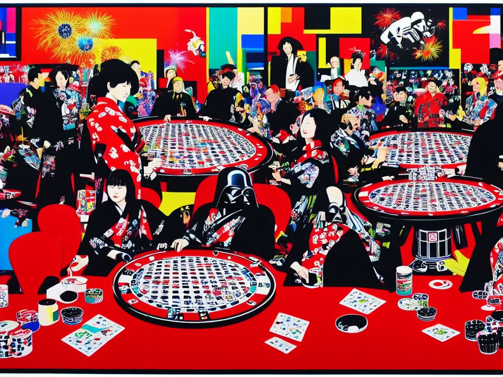 Image similar to hyper - realistic composition of a large room with an extremely detailed poker table in the center, woman in traditional japanese kimono standing nearby, darth vader sitting at the table, fireworks in the background, pop art style, jackie tsai style, andy warhol style, acrylic on canvas, dull palette